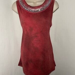 Size S Vocal Sleeveless Embellished Neck Red Soft Tye Dyed Women's Tank Top